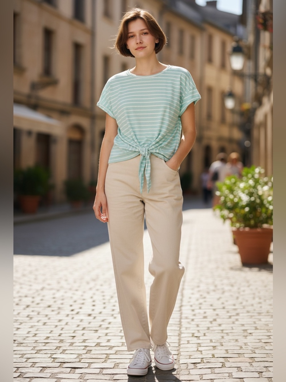 Hayden Striped Tie-Front Short Sleeve Top in Light blue